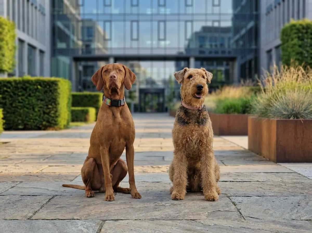 Ken and Huba, the founders’ dogs, in everyday urban life.
