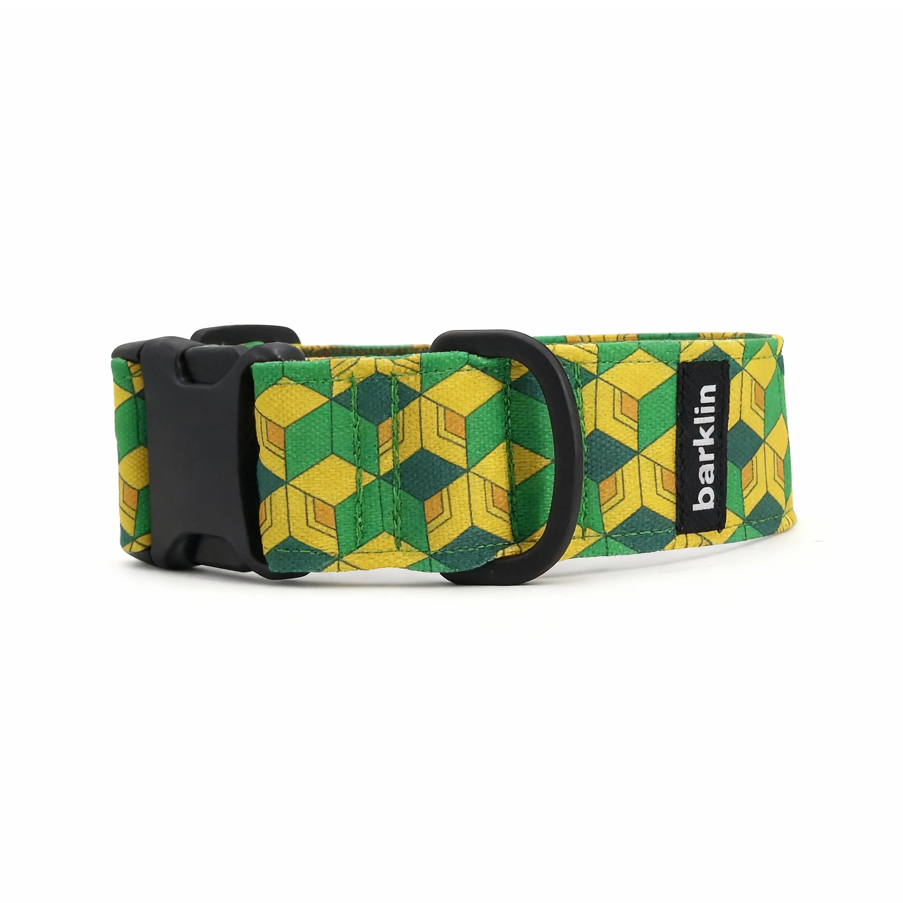 Pixel Grid dog collar, 4 cm width, ECONABLE recycled buckle, front-arc product view, REPREVE canvas, handmade in EU.