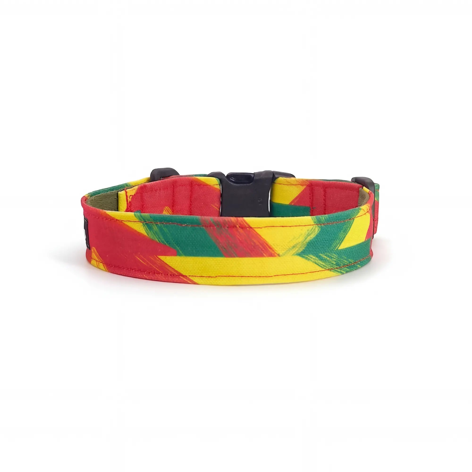 Dog collar in Barklin Rhythm pattern, standard 2.5 cm width, shown in back arc view to highlight the continuous printed textile pattern and structured collar shape.