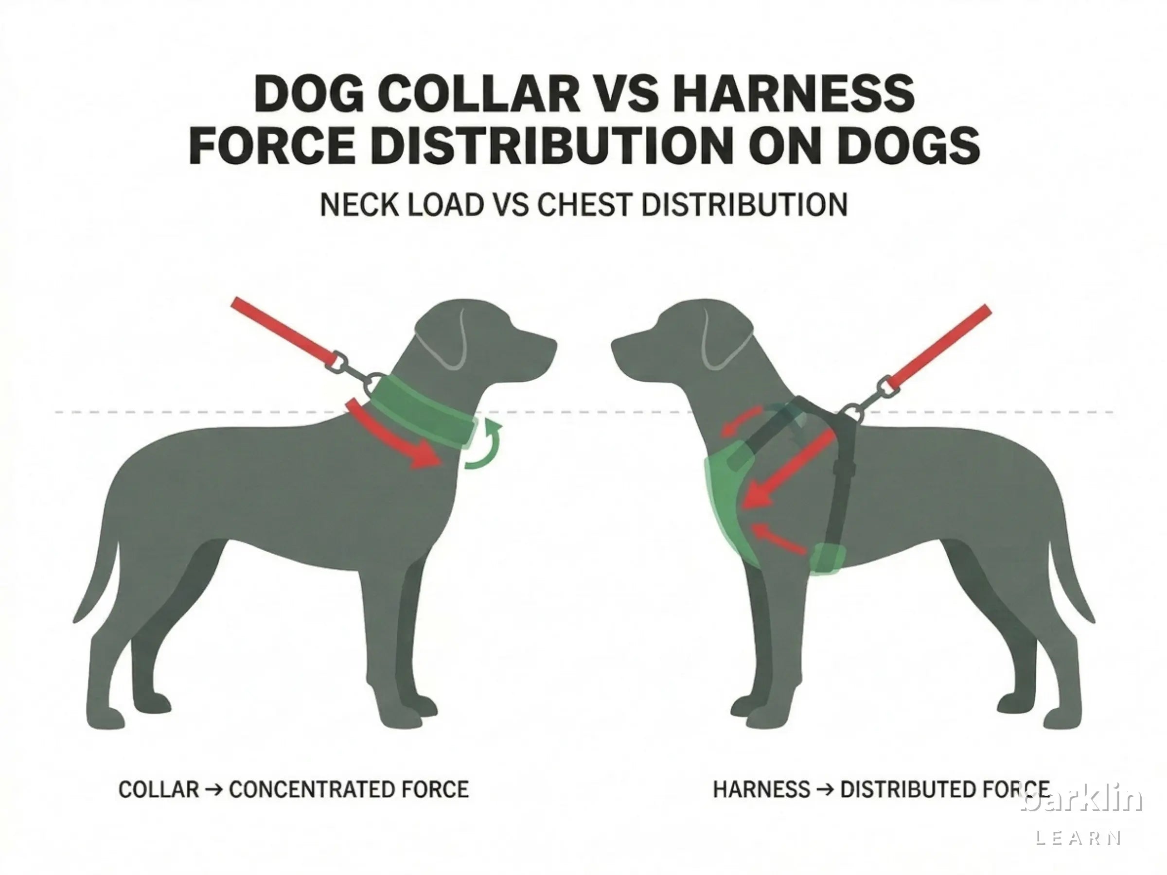 Dog collar vs harness diagram showing force distribution on dogs with neck load versus chest load and contact area difference