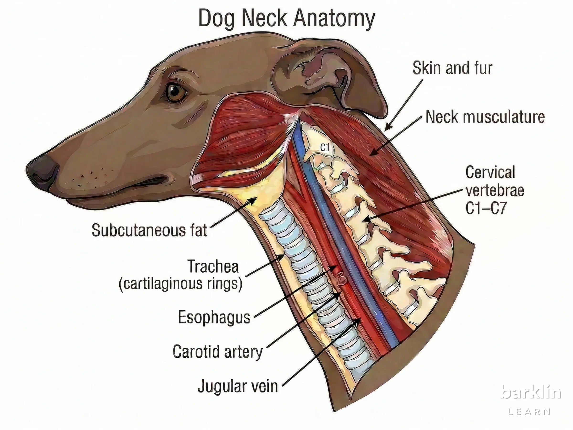 Lateral dog neck anatomy with trachea, cervical spine and vascular structures