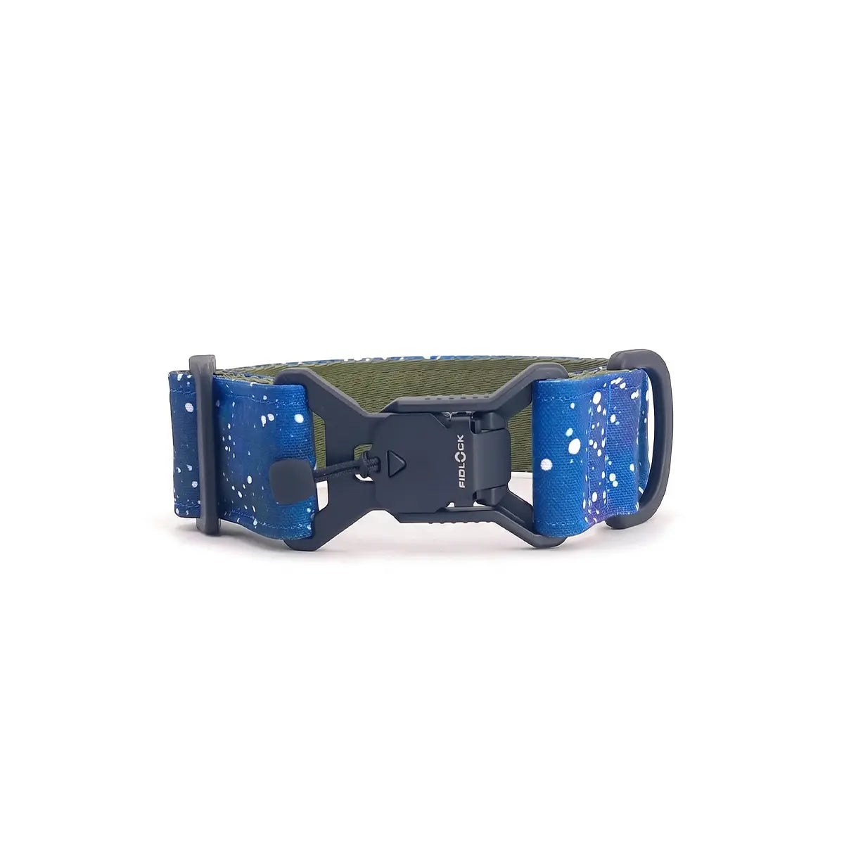 Wide dog collar 4 cm Cosmic Canvas pattern with magnetic Fidlock buckle showing closure mechanism
