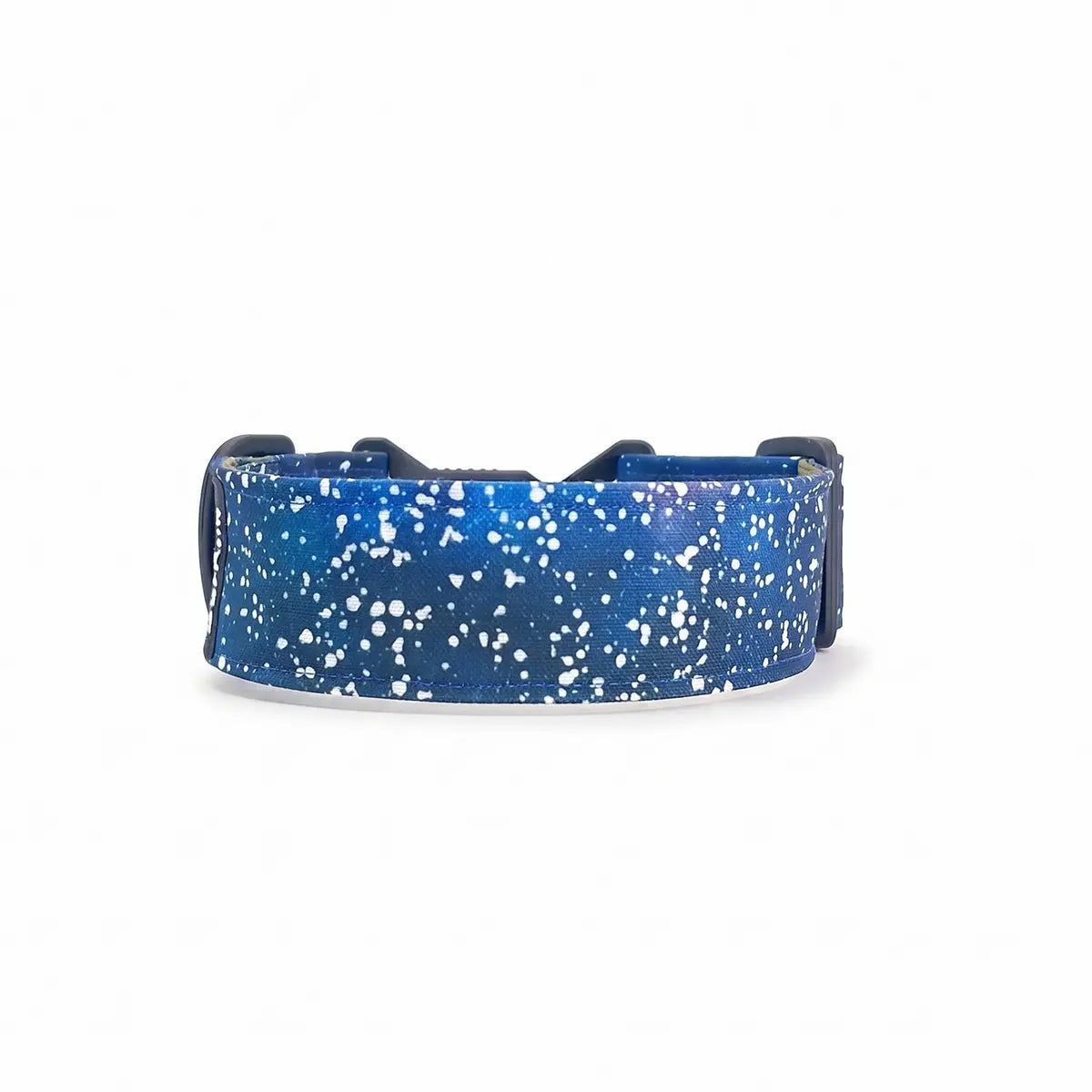 Wide dog collar 4 cm Cosmic Canvas pattern with deep purple, blue and teal abstract composition shown in curved form
