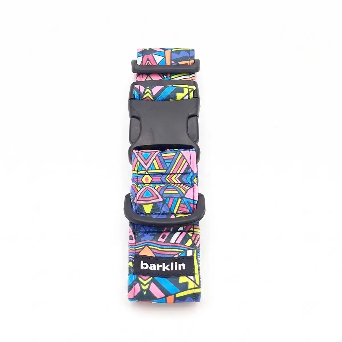 Wide dog collar 4 cm Electric Tribe pattern with ECONABLE recycled nylon buckle showing side release structure