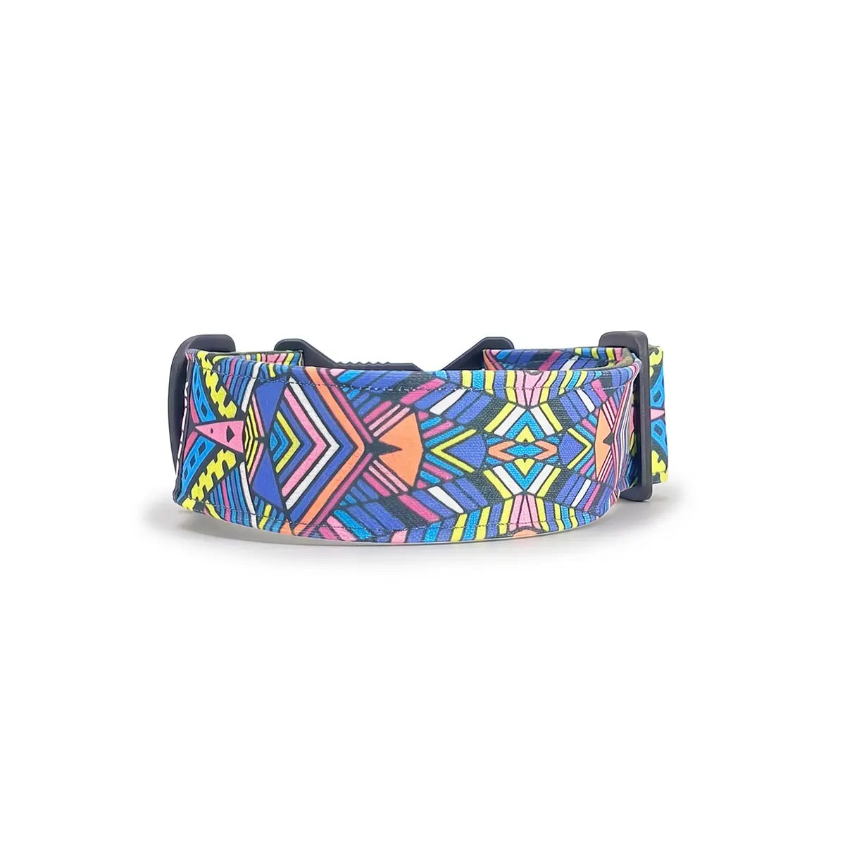 Wide dog collar 4 cm Electric Tribe pattern with neon pink, neon green, cyan and yellow composition shown in curved form