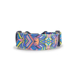 Wide dog collar 4 cm Electric Tribe pattern with neon pink, neon green, cyan and yellow composition shown in curved form
