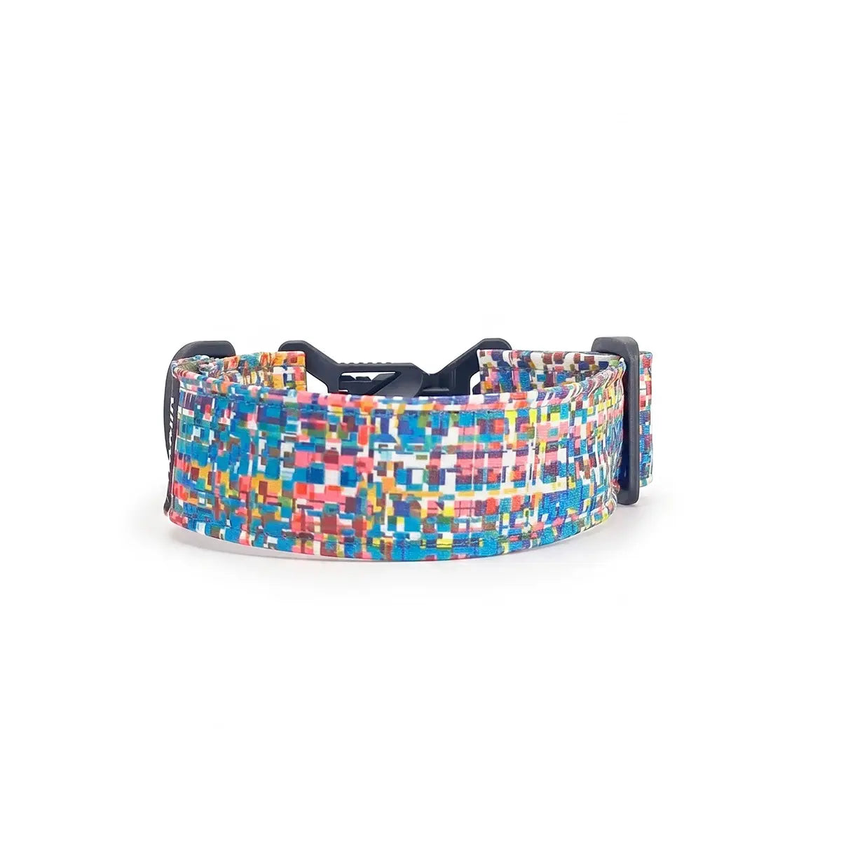 Wide dog collar 4 cm Glitch pattern with turquoise, cyan and black digital distortion composition shown in curved form