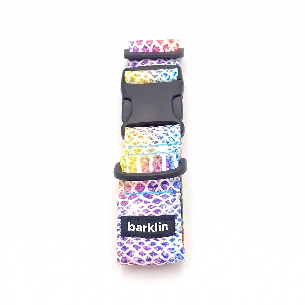 Wide dog collar 4 cm Kaleido Snake pattern with ECONABLE recycled nylon buckle showing side release structure