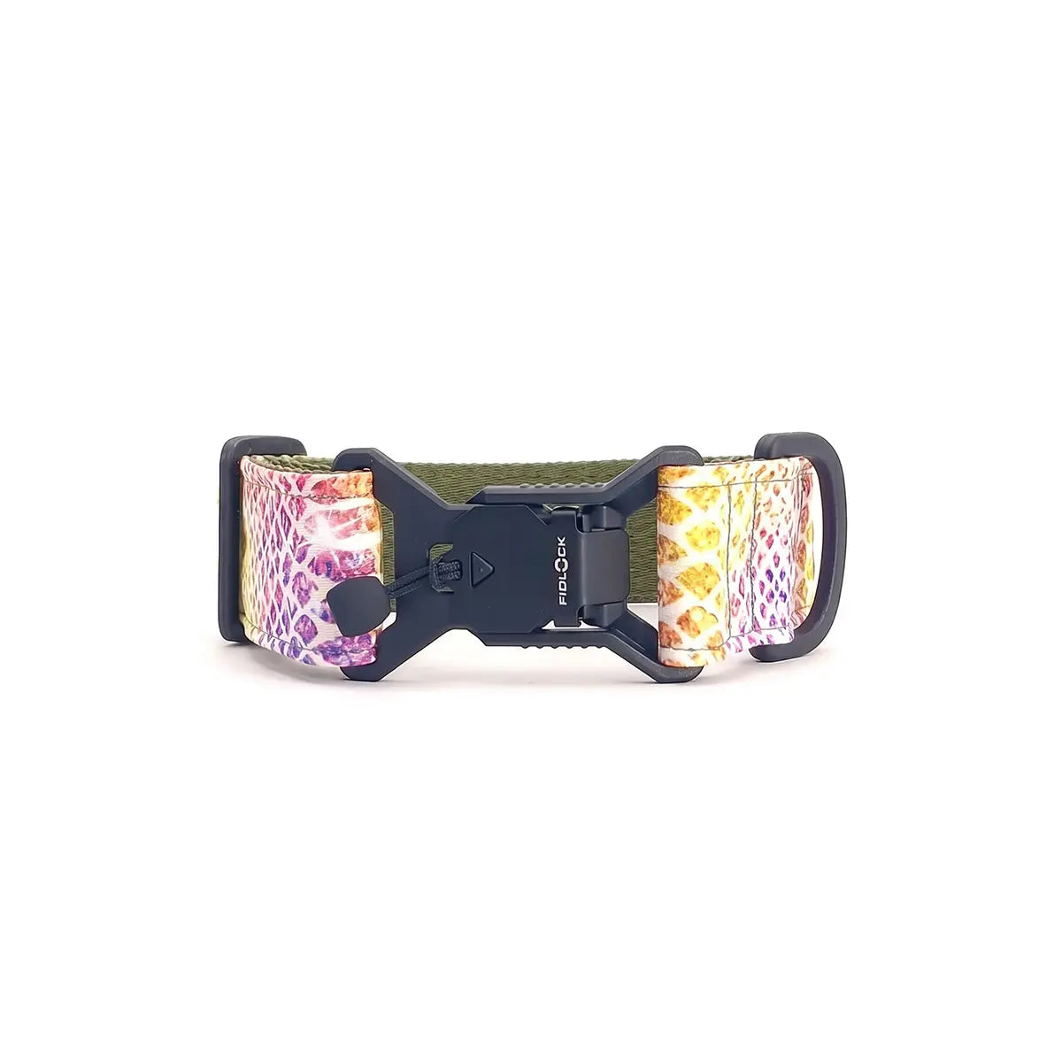 Wide dog collar 4 cm Kaleido Snake pattern with magnetic Fidlock buckle showing closure mechanism