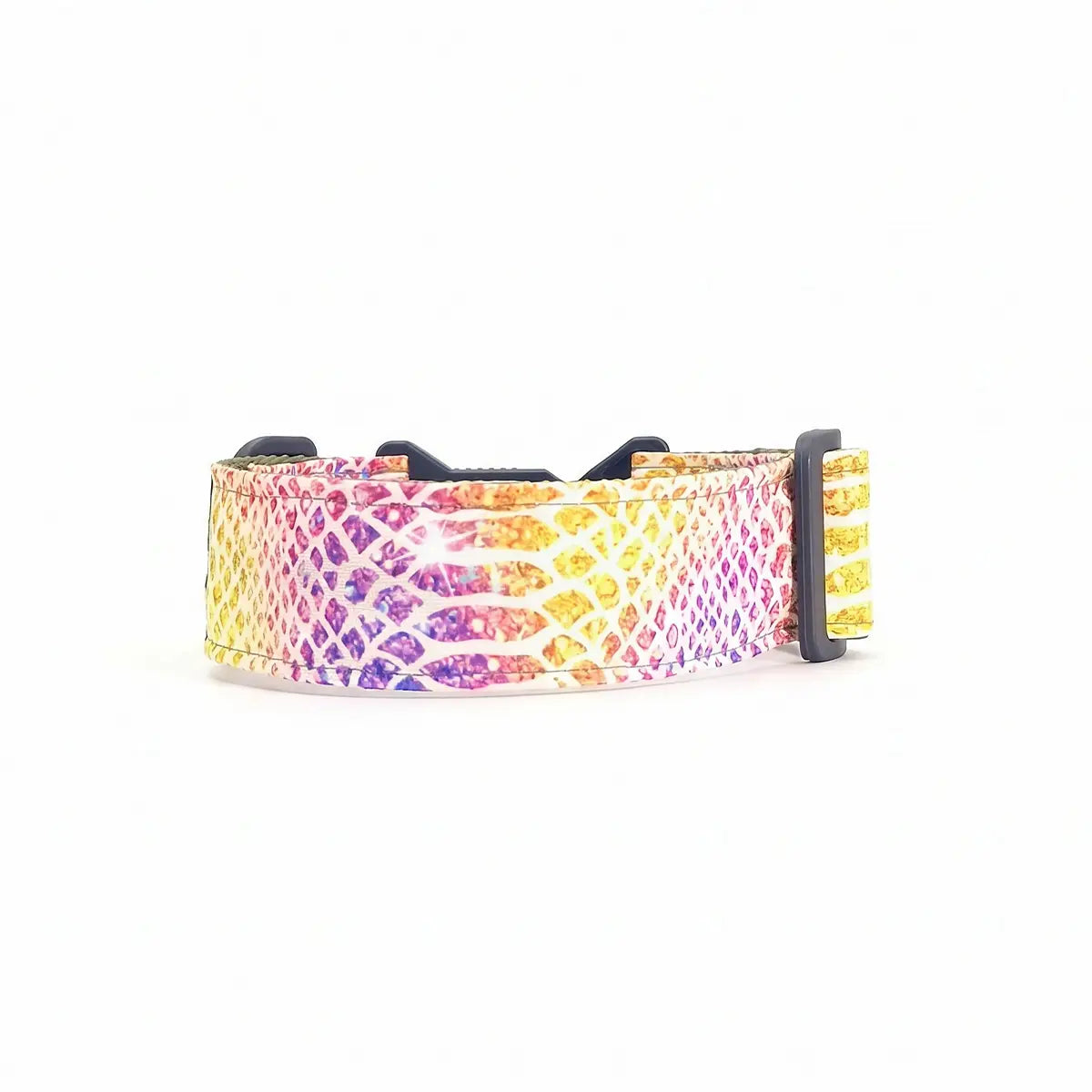 Wide dog collar 4 cm Kaleido Snake pattern with geometric yellow, green and black scale composition shown in curved form