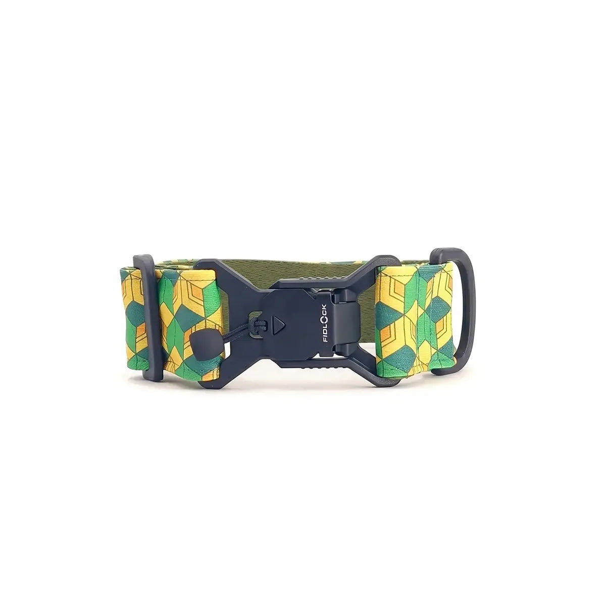 Wide dog collar 4 cm Pixel Grid pattern with magnetic Fidlock buckle showing closure mechanism