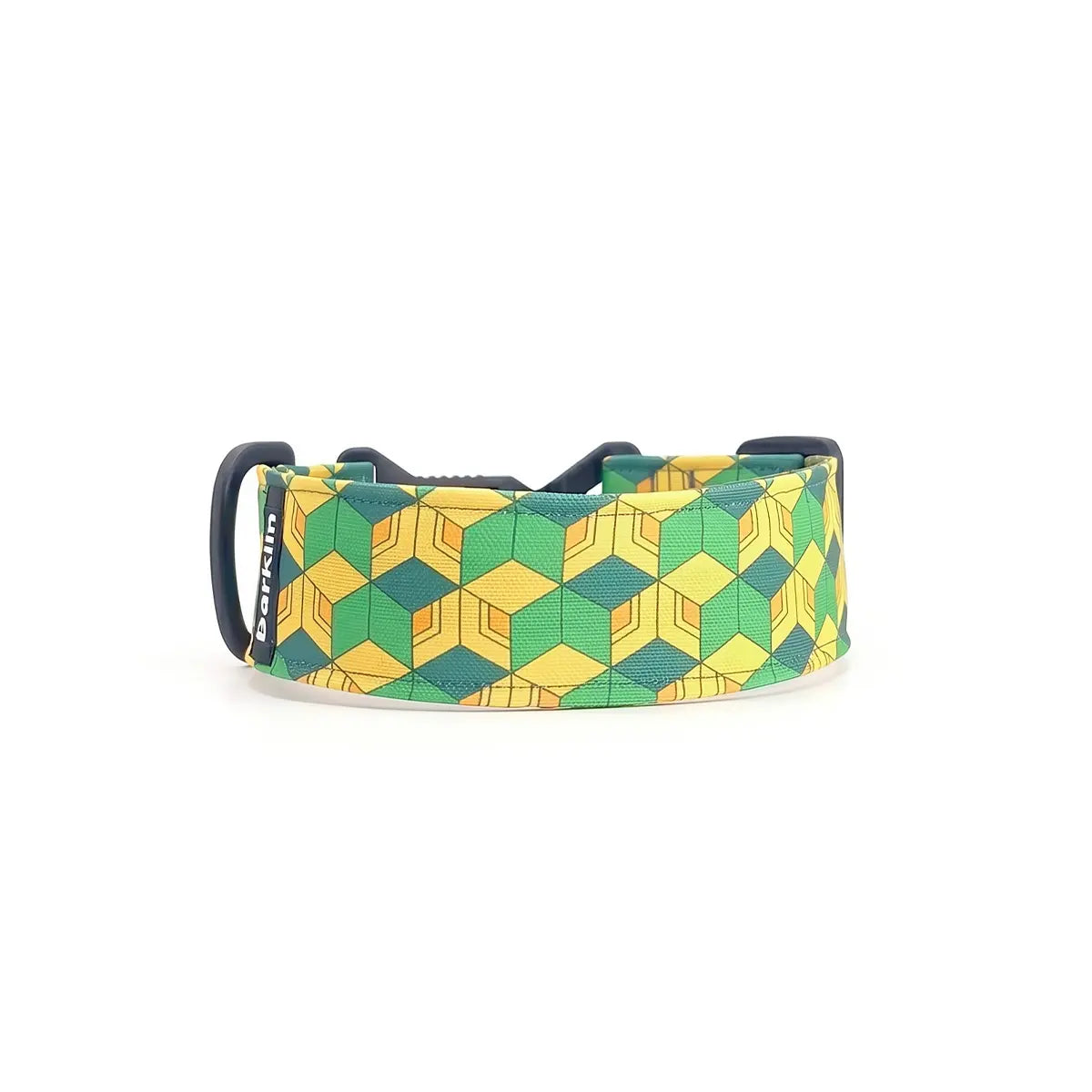 Wide dog collar 4 cm Pixel Grid pattern with green, yellow and orange geometric grid composition shown in curved form