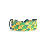 Wide dog collar 4 cm Pixel Grid pattern with green, yellow and orange geometric grid composition shown in curved form