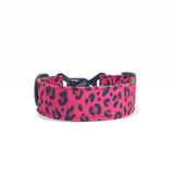 Wide dog collar 4 cm Pop Leopard pattern with hot pink and dark pink animal print composition shown in curved form