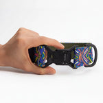 Wide dog collar 4 cm Electric Tribe pattern shown in hand for size reference
