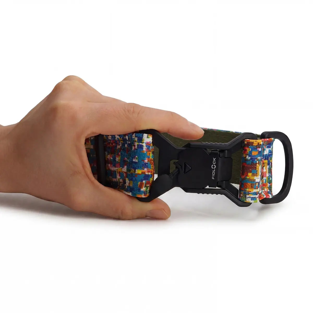 Wide dog collar 4 cm Glitch pattern shown in hand for size reference