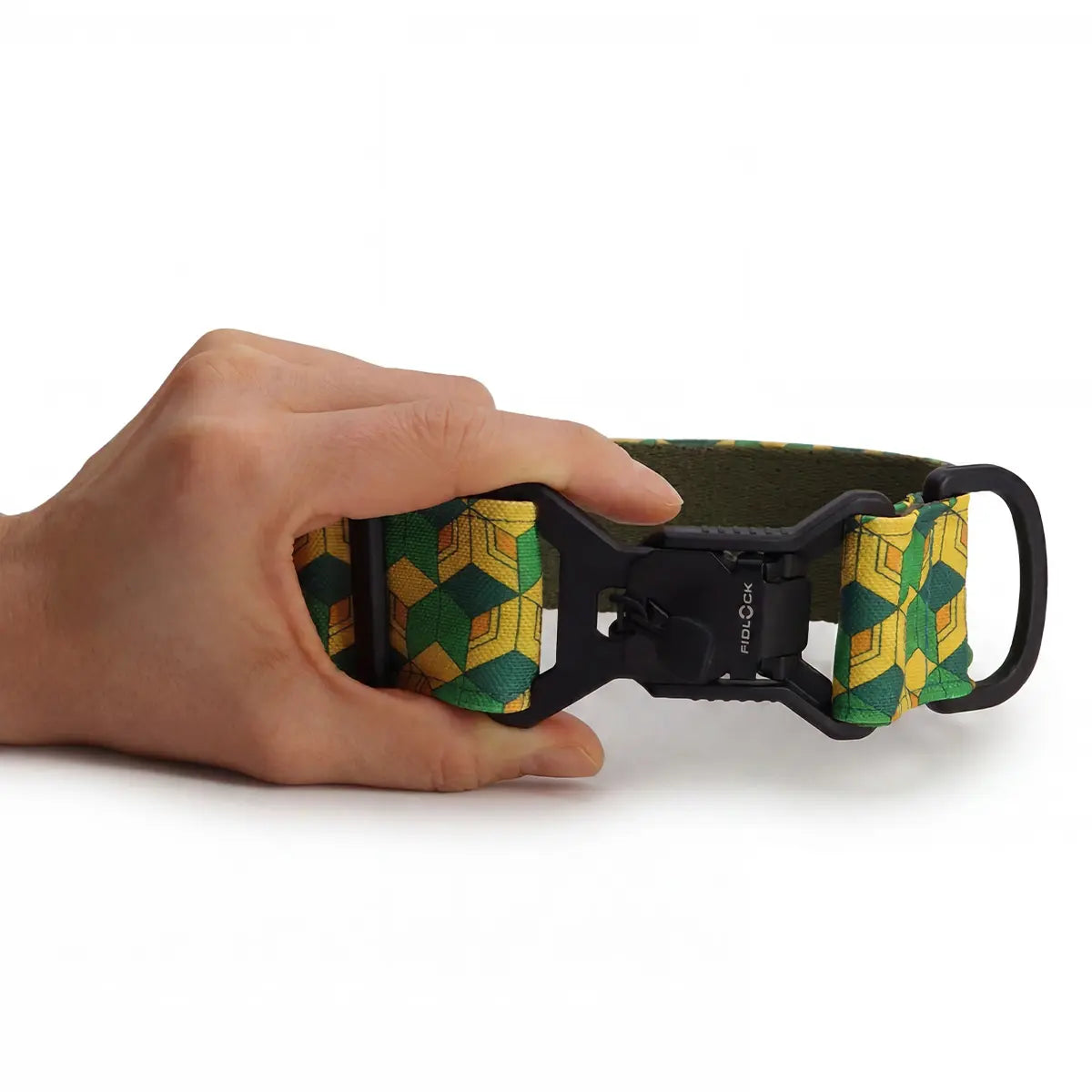 Wide dog collar 4 cm Pixel Grid pattern shown in hand for size reference